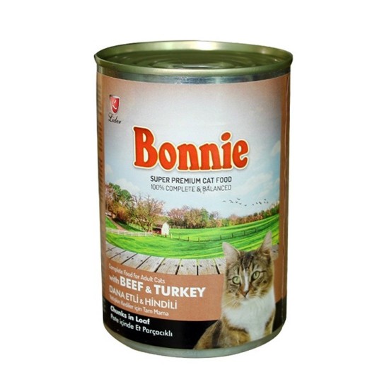 BONNIE CANNED CAT FOOD WITH BEEF/TURKEY - CHUNKS IN LOAF PATE - 400 Gr