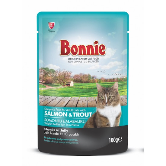 BONNIE POUCH FOR CAT WITH SALMON AND TROUT CHUNKS IN JELLY - 100 Gr