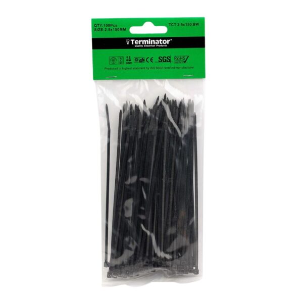 Terminator TCT 2.5X150 BW Cable Ties in Black Colour (100Pcs in Bag)