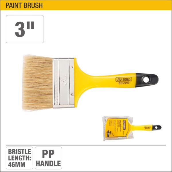 UYUS TOOLS PLASTIC HANDLE PAINT BRUSH 3"  1. Mixed bristle and fiber 2. Handle material: PP 3. Bristle length: 46mm 4. Packed by sealed plastic bag 3"