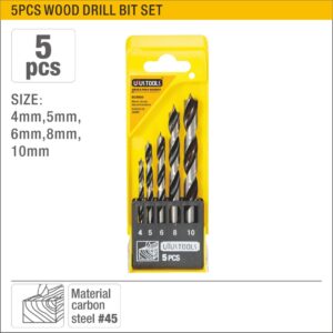 UYUS TOOLS WOOD DRILL BIT SET (5PCS) 1. Material: Carbon steel 2. HRC 45 3. For woodworking 4. Packed by plastic box. 4, 5, 6, 8, 10 MM