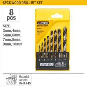 UYUS TOOLS WOOD DRILL BIT SET (8PCS) 1. Material: Carbon steel 2. HRC 45 3. For woodworking 4. Packed by plastic box. 3, 4, 5, 6, 7,8, 9, 10MM