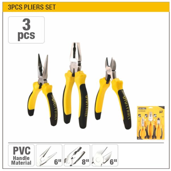 UYUS TOOLS 3PCS PLIERS SET 1. Drop forged from carbon steel #45 2. Heat treated & polished head 3. Bi-color soft PVC handle