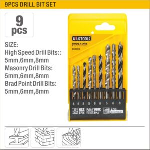 UYUS TOOLS MIXED DRILL BIT SET (9PCS) 1. HSS4241 Drill Bits: 5, 6, 8 mm 2. Tungsten Carbidetips Masonry Drill Bits: 5, 6, 8 mm 3. Carbon Steel Brad Point Drill Bits: 5, 6, 8 mm 4. Packed by plastic box. WOOD, METAL, CONCRETE  5, 6, 8 MM